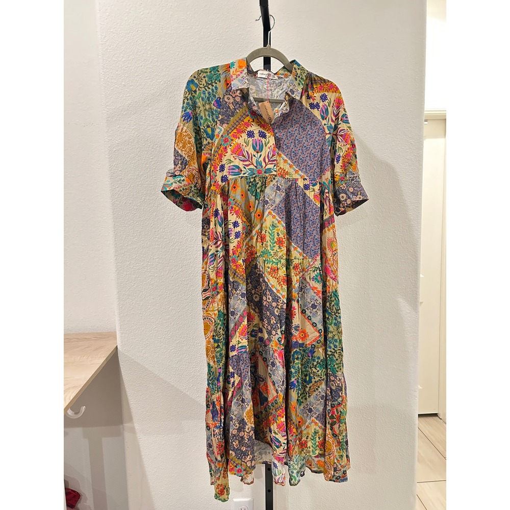 NWT Natural Life Rebecca Midi Dress Patchwork Floral Tiered Boho Size S